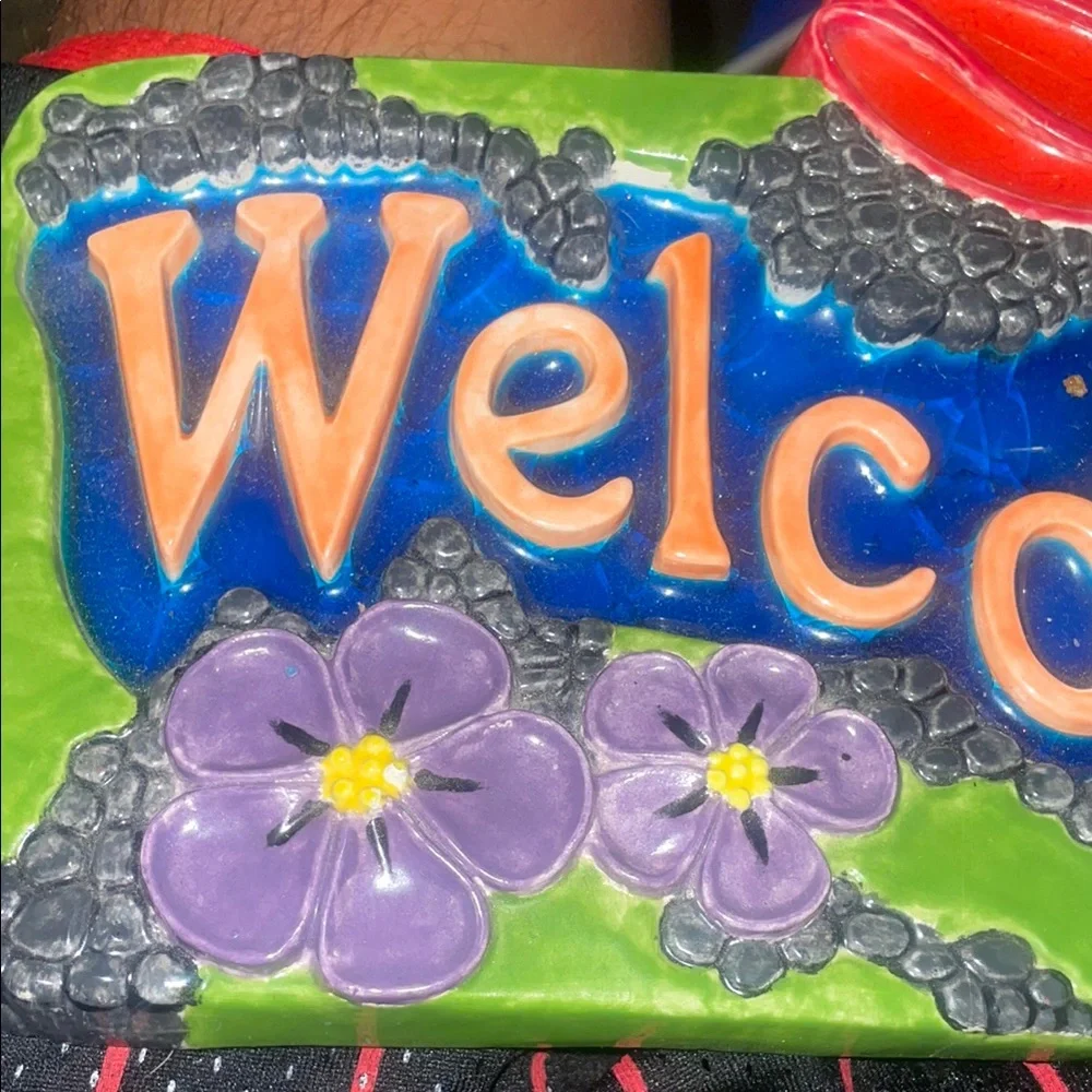 Ceramic Colorful Welcome Sign with Dragonfly Design/ Hand-Painted
